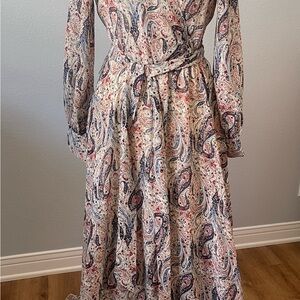 Paisley Wrap Maxi Dress in Cream with Navy and Coral